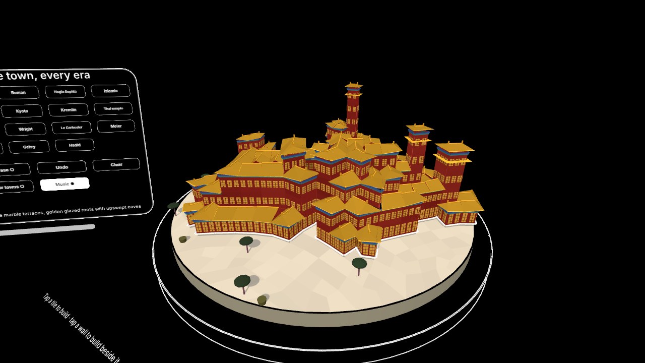 Archiscape: the town rebuilt as the Forbidden City, vermilion halls under golden roofs on a round plate, the era panel beside it.