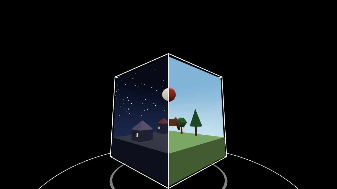 Dream Cage: a glass cube on a desk; its left face shows a night town, its right face a garden by day, and a moon and a red balloon meet across the edge between them.