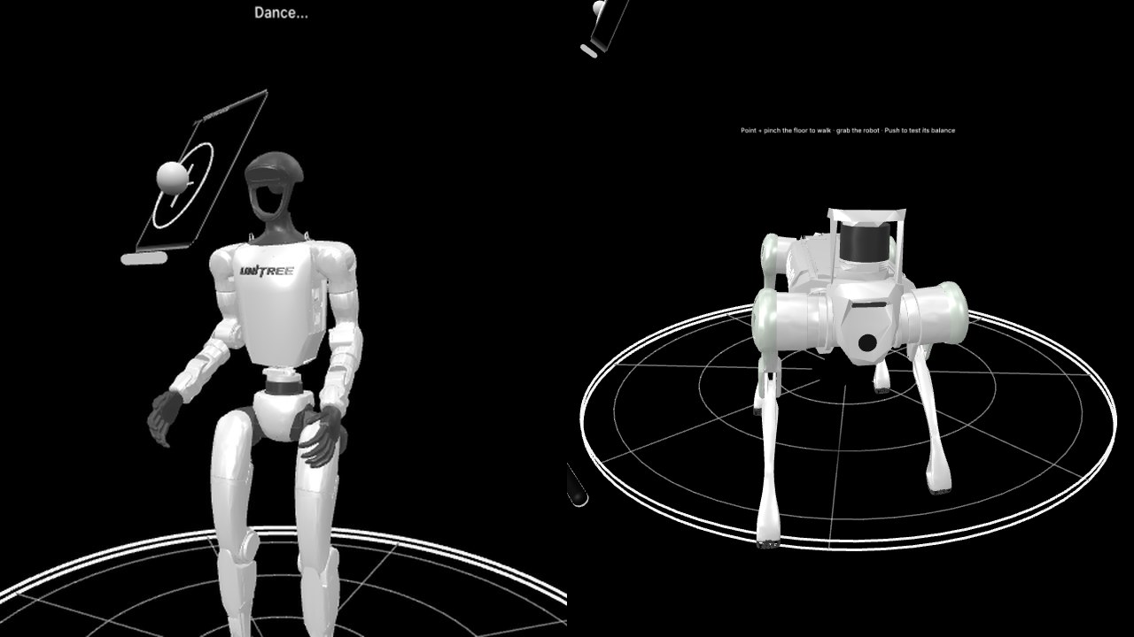 Robot Zoo XR: the white Unitree G1 dancing beside the Unitree B2 robot dog walking across Microduck XR's line-drawn stage.